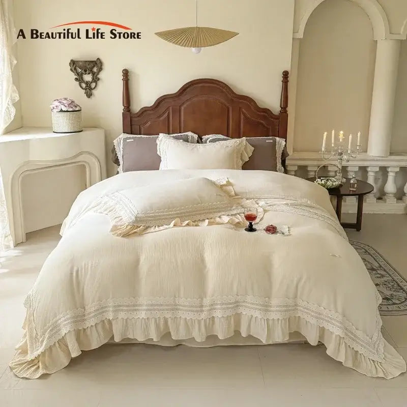 Cream Cotton 600TC Double-Ruffle Bedding