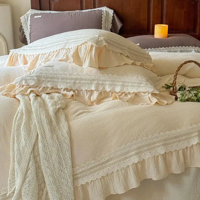 Cream Cotton 600TC Double-Ruffle Bedding