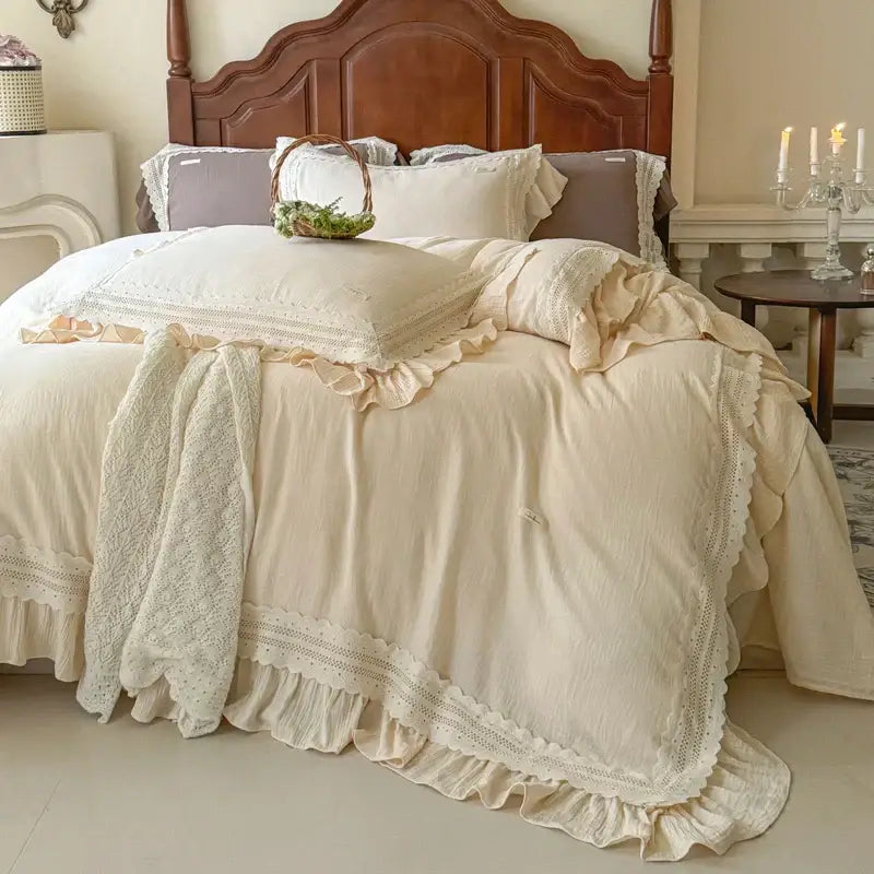 Cream Cotton 600TC Double-Ruffle Bedding