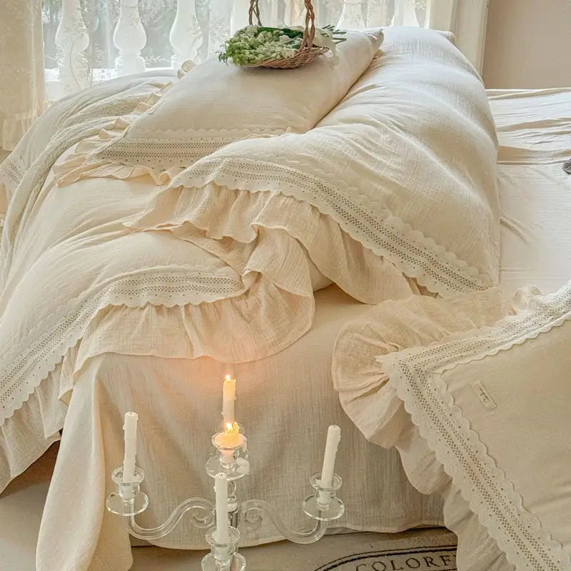 Cream Cotton 600TC Double-Ruffle Bedding
