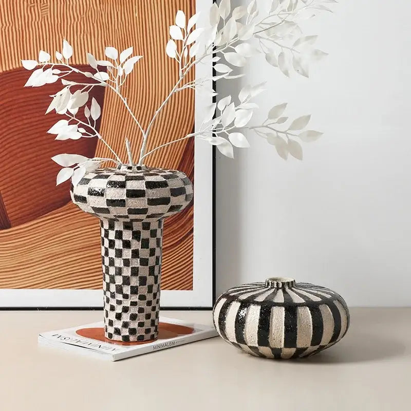 Black White Ceramic Vase with Check Pattern