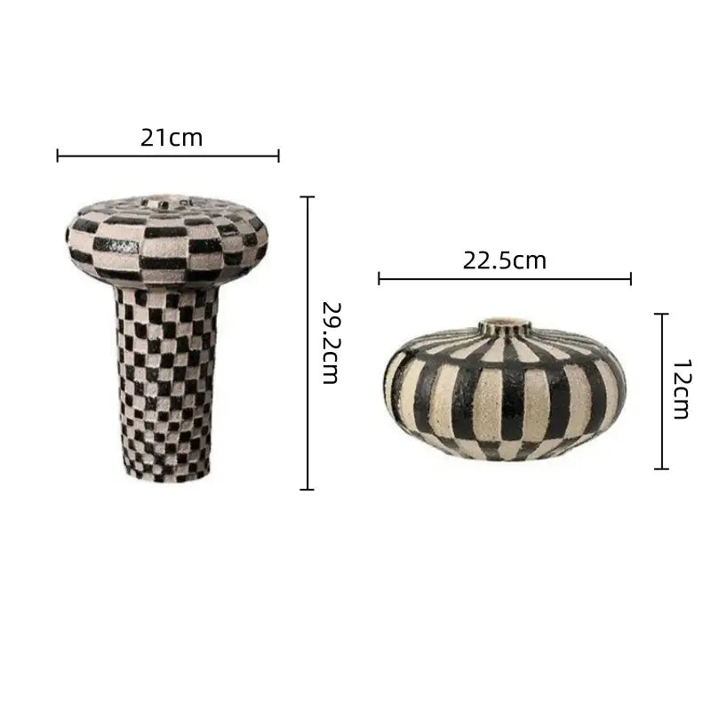 Black White Ceramic Vase with Check Pattern