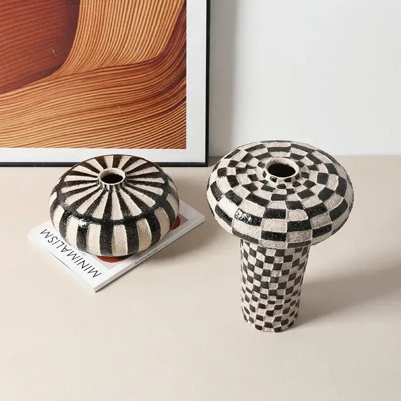 Black White Ceramic Vase with Check Pattern