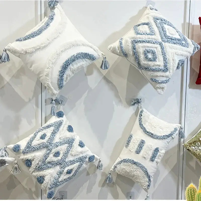 Blue Tufted Embroidery Pillow