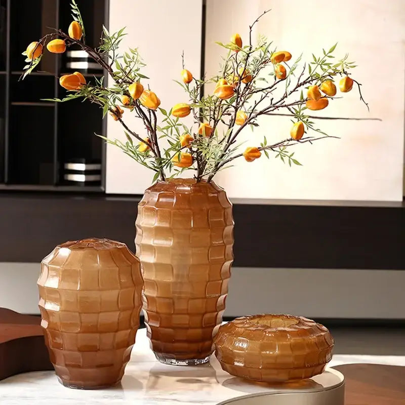 Amber Frosted Glass Vase Set