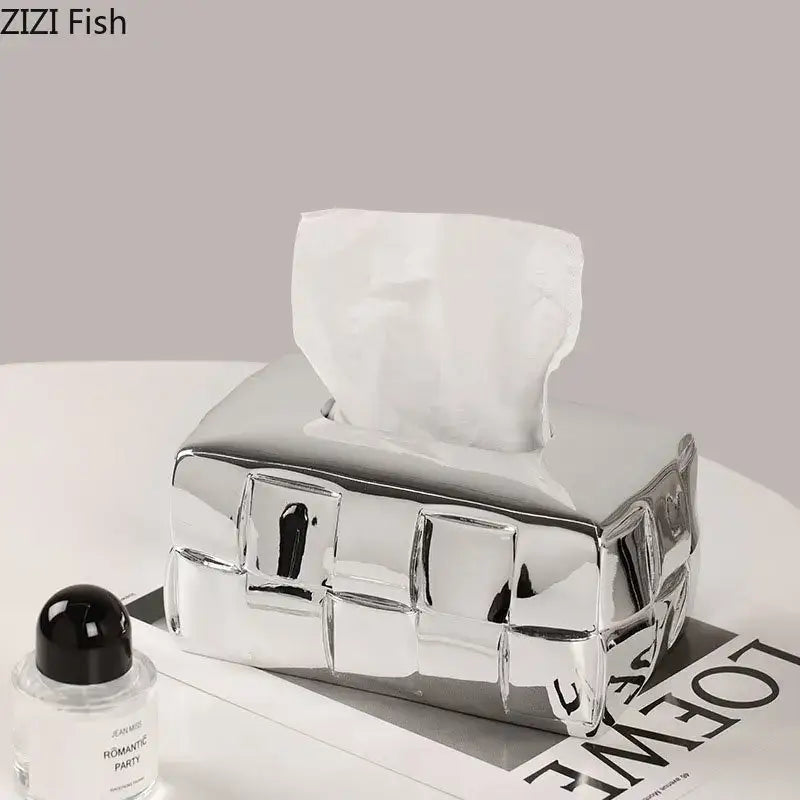 Silver Check Ceramic Tissue Box