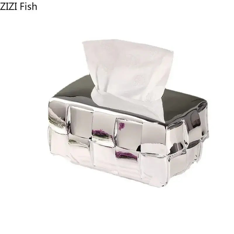 Silver Check Ceramic Tissue Box