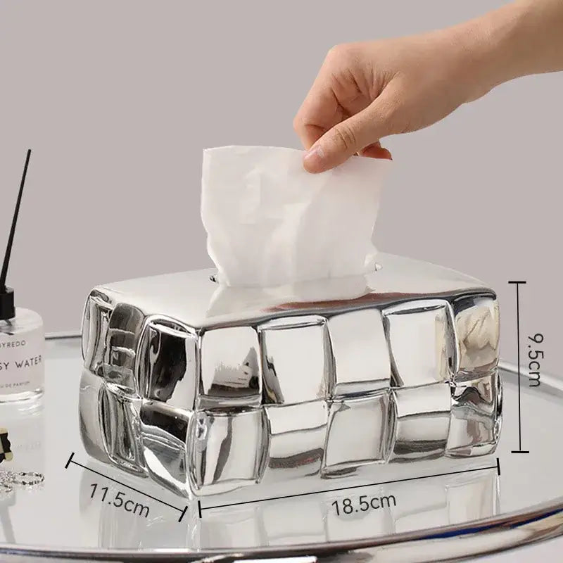 Silver Check Ceramic Tissue Box