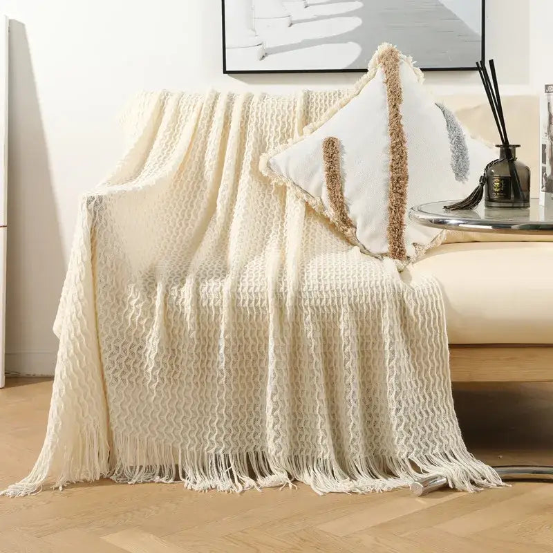 Cream Geometric Knit Throw