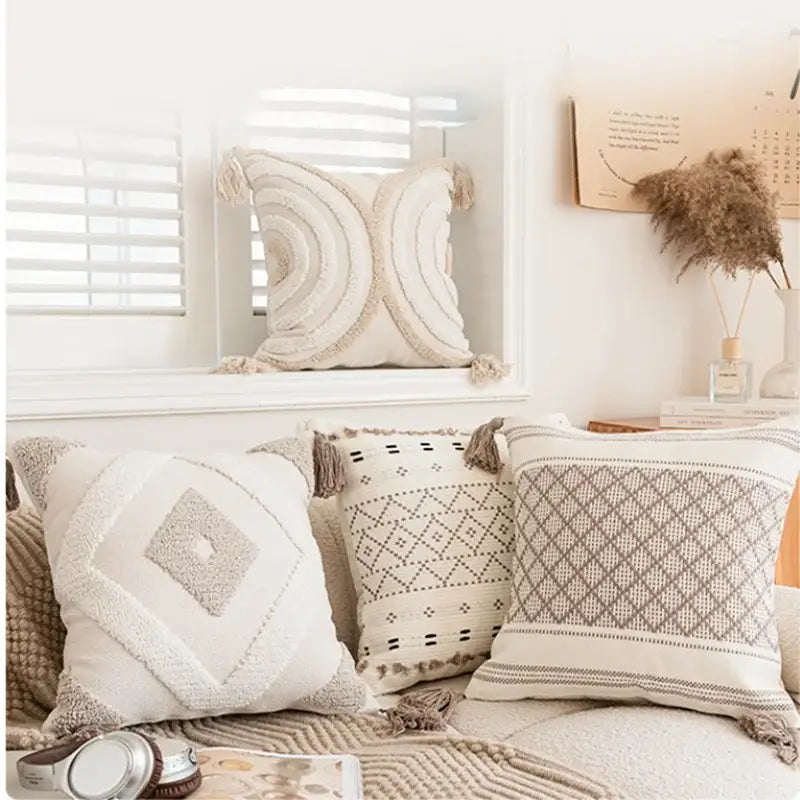 Beige Cream Tassel Cushion Cover