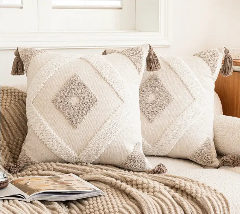 Beige Cream Tassel Cushion Cover