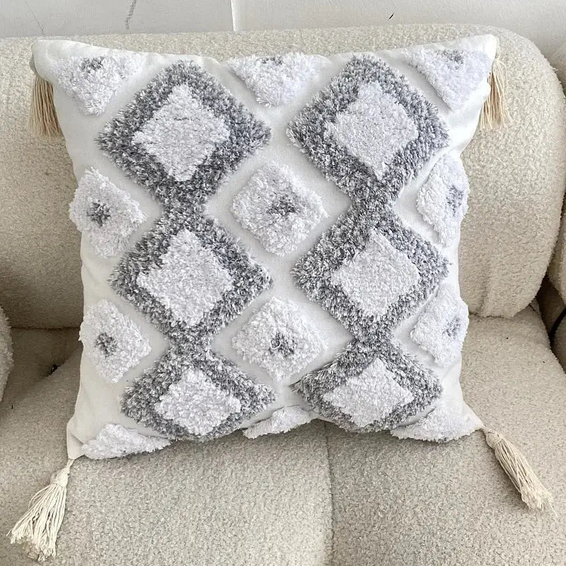 Beige Gray Tassel Cushion