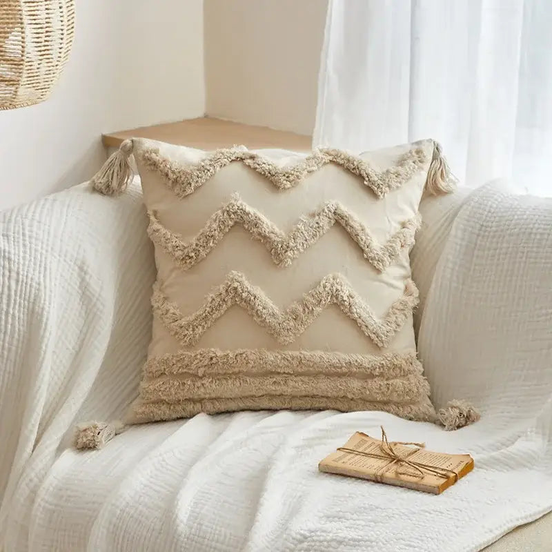 Beige Gray Tassel Cushion