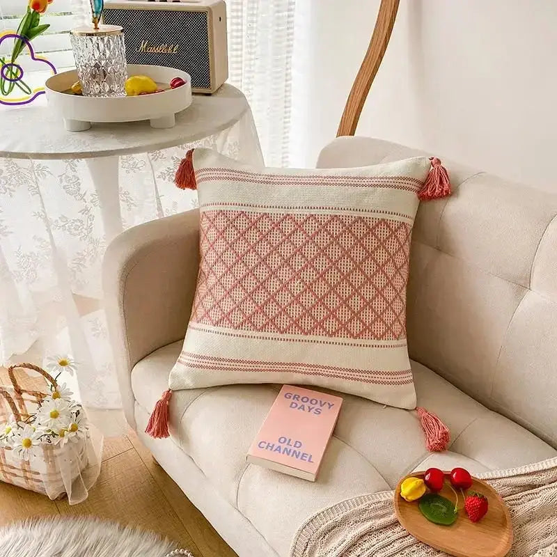 Beige Gray Tassel Cushion