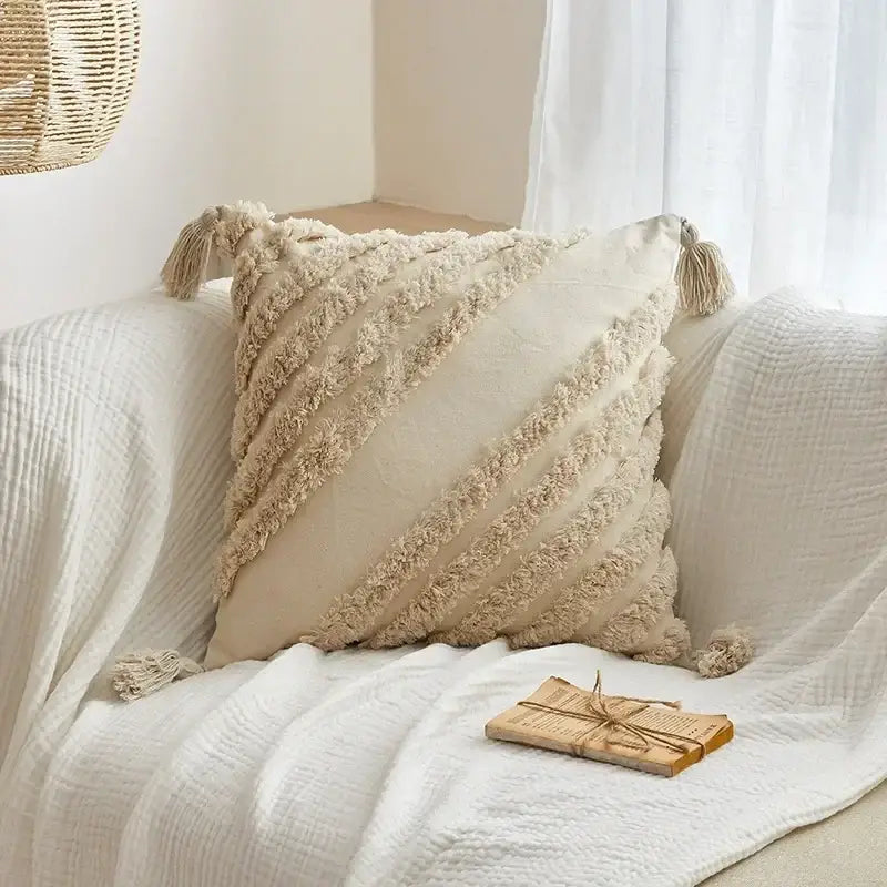 Beige Gray Tassel Cushion