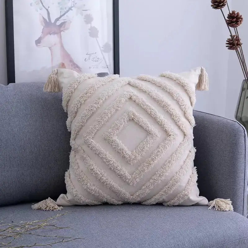 Beige Gray Tassel Cushion