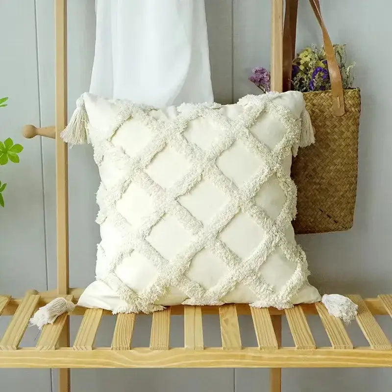 Beige Gray Tassel Cushion