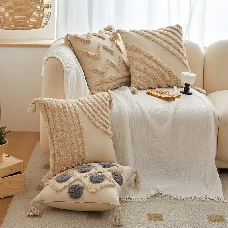 Beige Gray Tassel Cushion