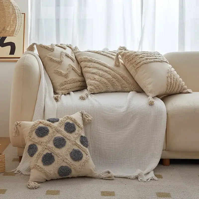 Beige Gray Tassel Cushion