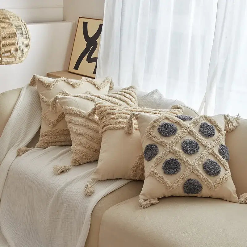 Beige Gray Tassel Cushion