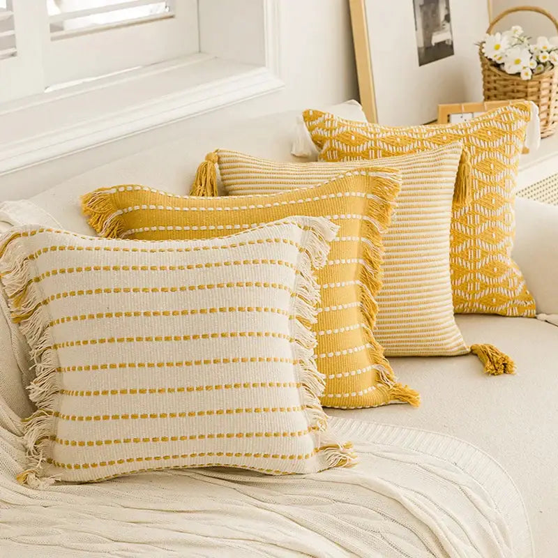 Yellow Crochet Tassel Cushion