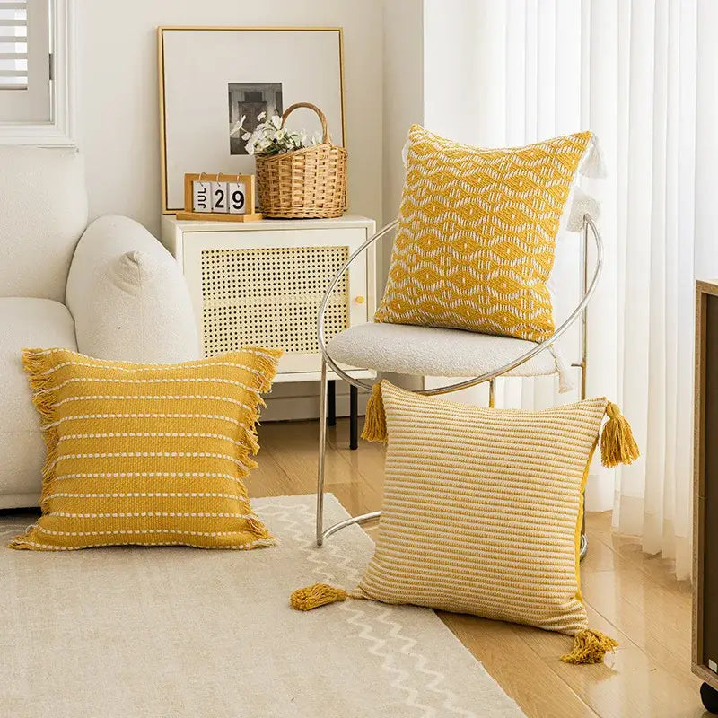 Yellow Crochet Tassel Cushion