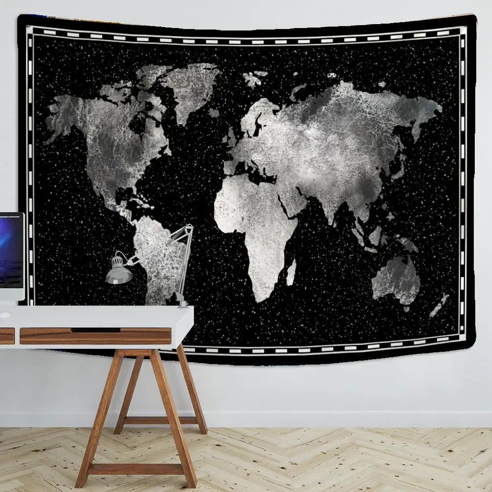 Black Silver World Map Tapestry