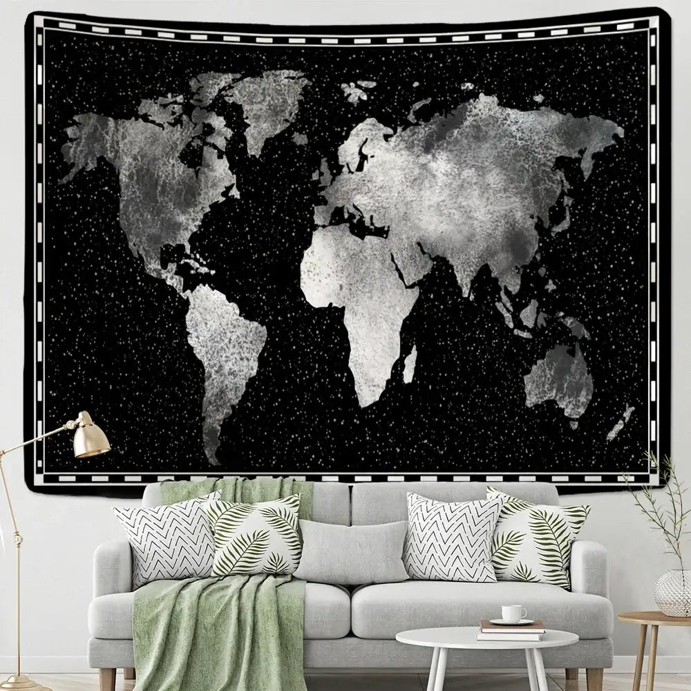 Black Silver World Map Tapestry