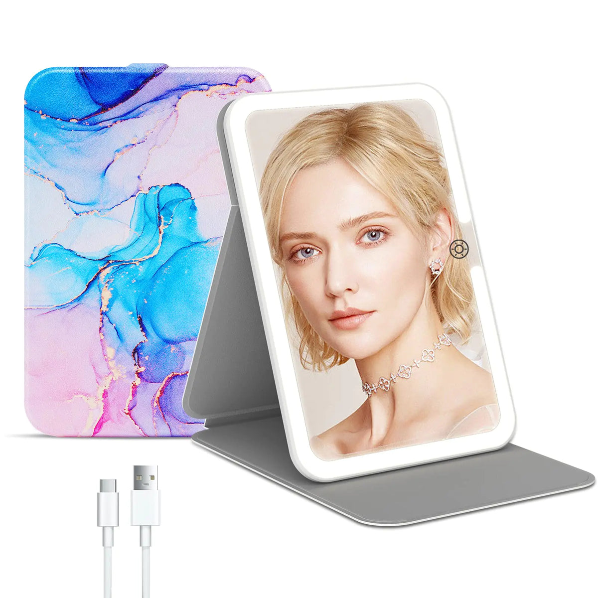 Rechargeable Travel Lighted Makeup Mirror with PU Leather Cover, Portable Travel Makeup Mirror with lights, 3 Color Lighting,Touch Sensor Dimmable, Light Up Tabletop Folding Cosmetic Mirror Colorful Colorful With Pu Cover