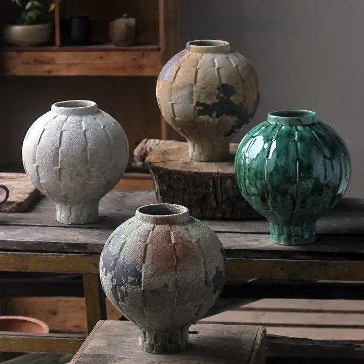 Green Ribbed Ceramic Vase