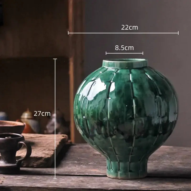 Green Ribbed Ceramic Vase