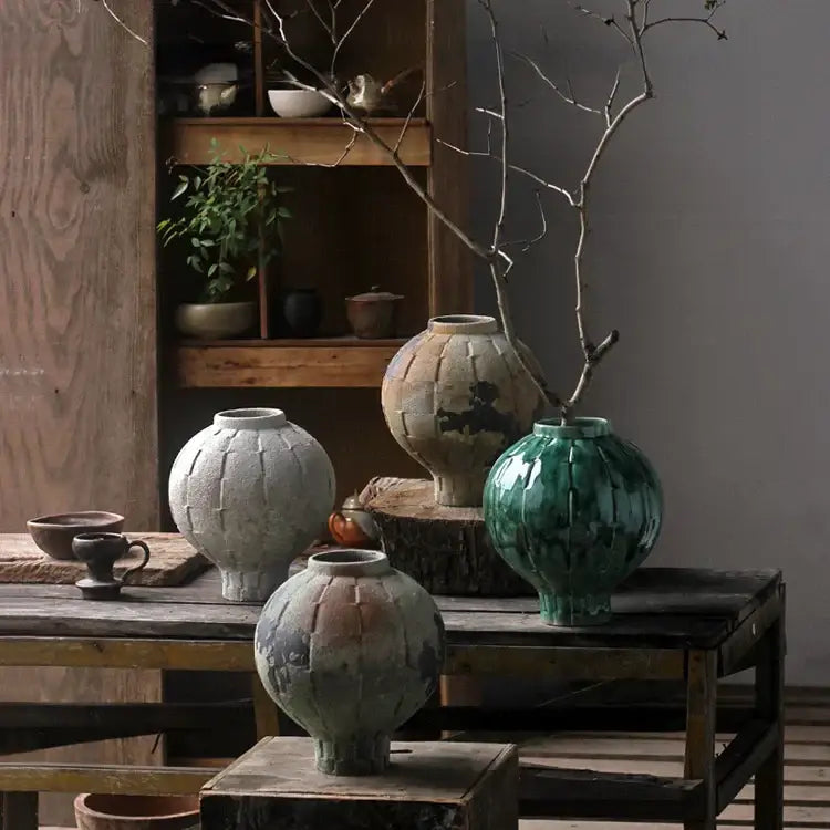 Green Ribbed Ceramic Vase