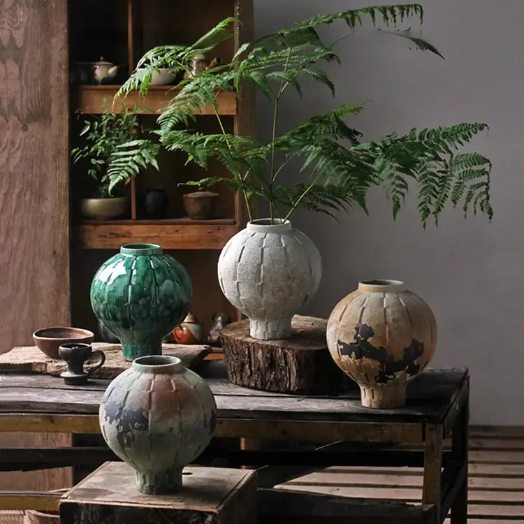 Green Ribbed Ceramic Vase