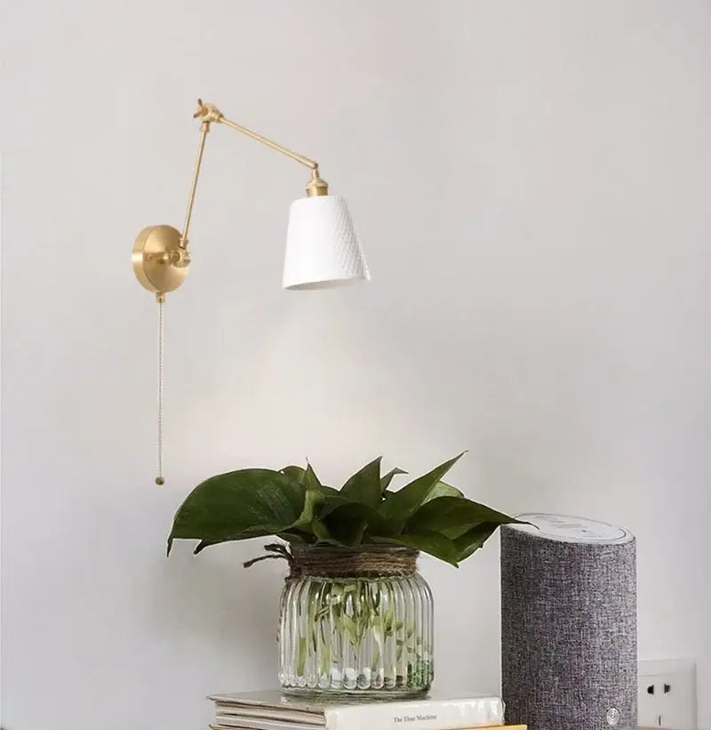 Gold Ceramic Wall Lamp with Ribbed Fabric Shade