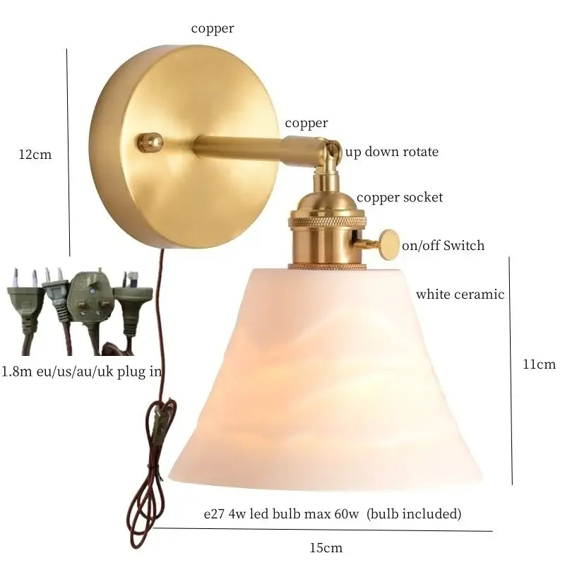 Gold Ceramic Wall Sconce in Ivory with Pull Chain