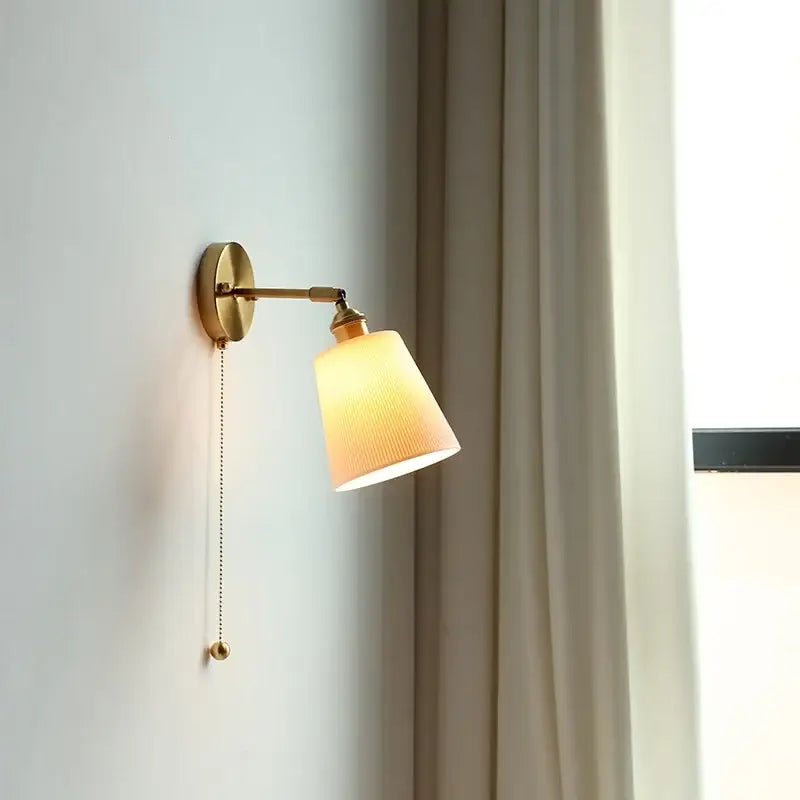Gold Ceramic Wall Sconce in Ivory with Pull Chain