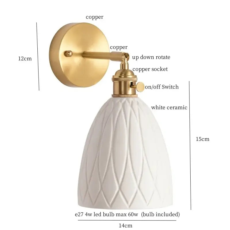 Gold Ceramic Wall Sconce in Ivory with Pull Chain