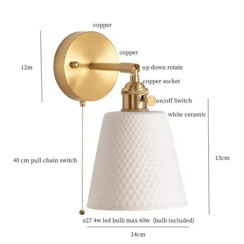 Gold Ceramic Wall Sconce in Ivory with Pull Chain