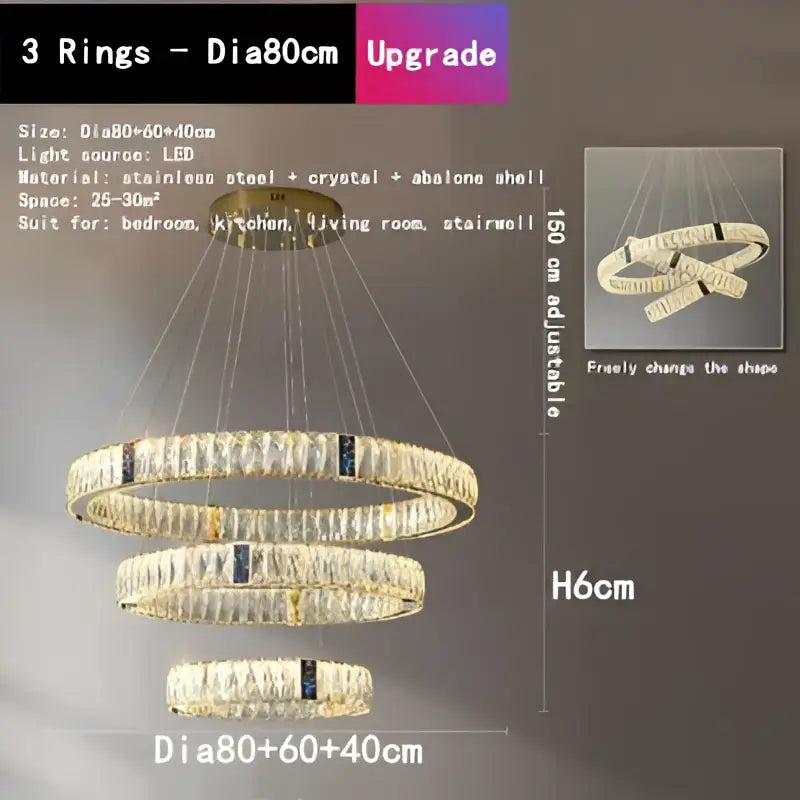 Gold Crystal LED 3-Ring Circular Chandelier