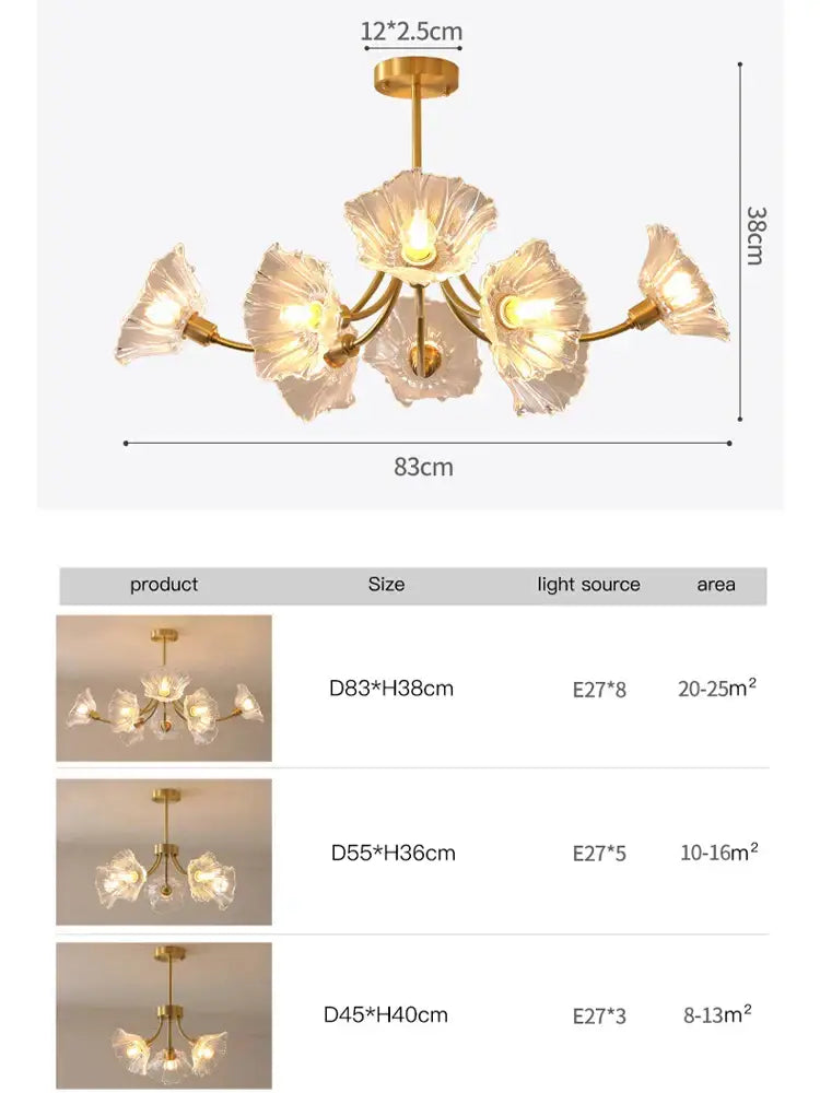 Gold Glass Flower Chandelier With 8 Heads
