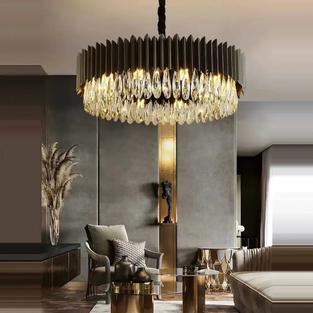 Gold Crystal Pendant Light with Fluted Design