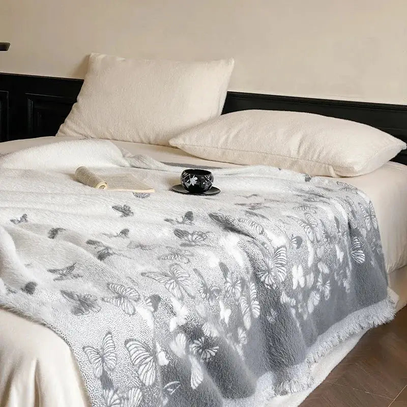 Gray Jacquard Fur Throw