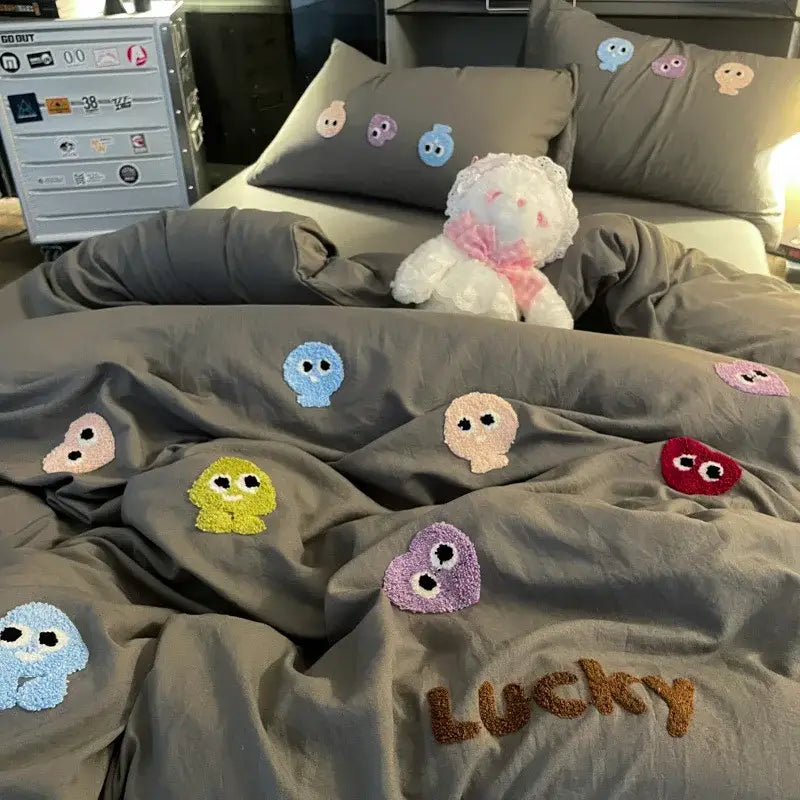 Gray Cartoon Embroidered Bedding