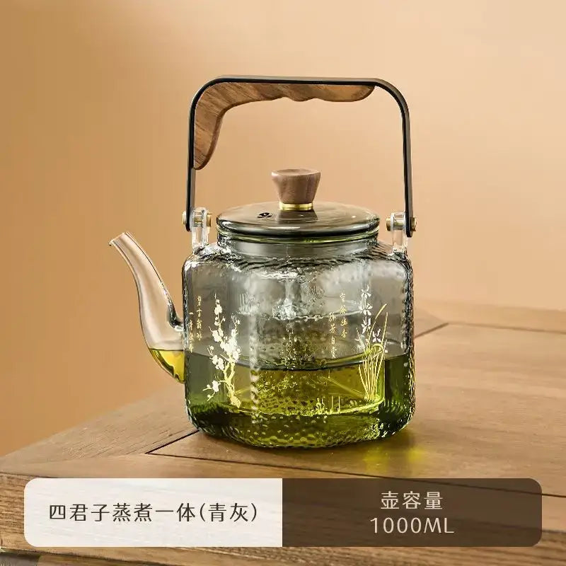 Floral Glass Teapot Bronze Handle