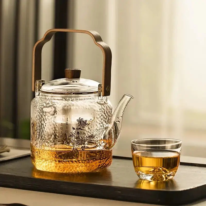Floral Glass Teapot Bronze Handle