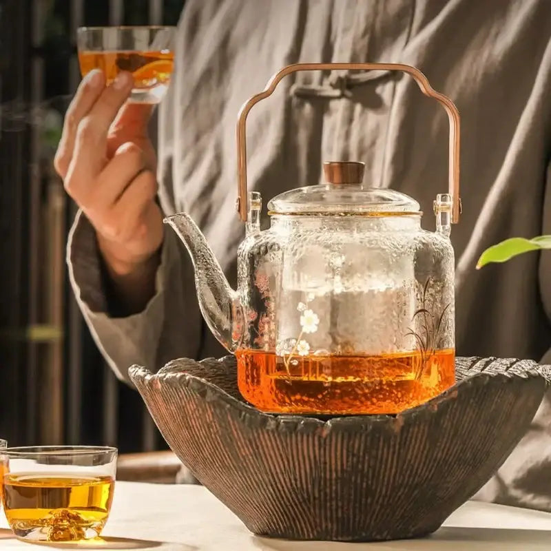 Floral Glass Teapot Bronze Handle