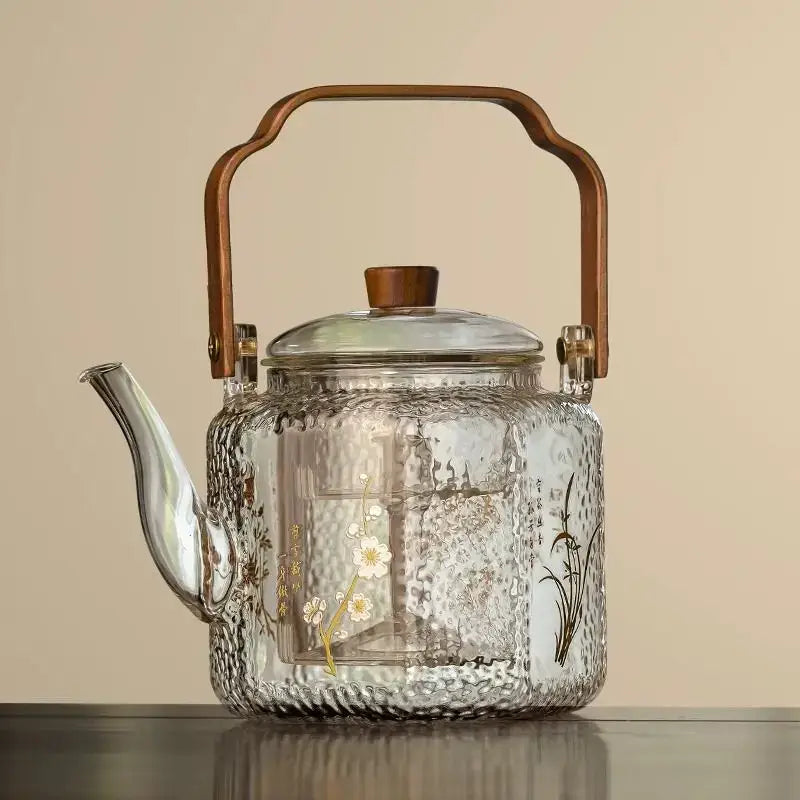 Floral Glass Teapot Bronze Handle