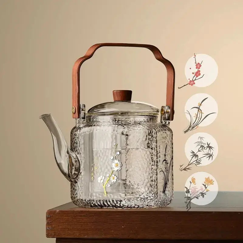 Floral Glass Teapot Bronze Handle