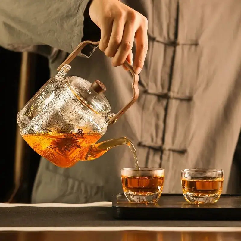 Floral Glass Teapot Bronze Handle