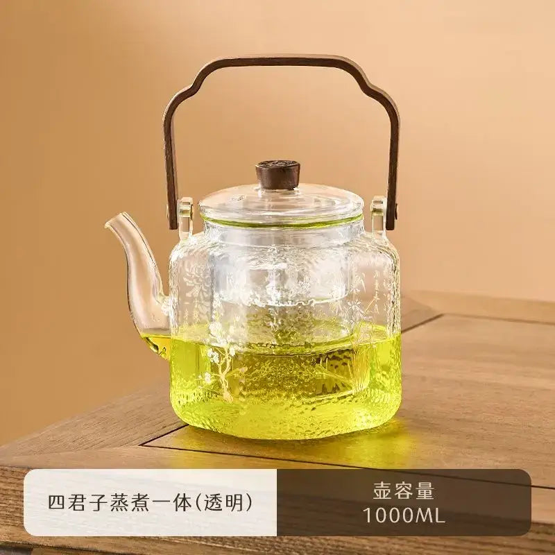 Floral Glass Teapot Bronze Handle
